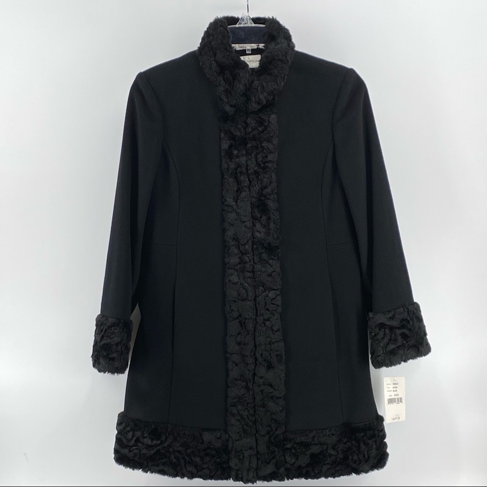 Albert Nipon Women's Med. 100% Wool Black Long Pea Coat Jacket W/Fur Trim NWT